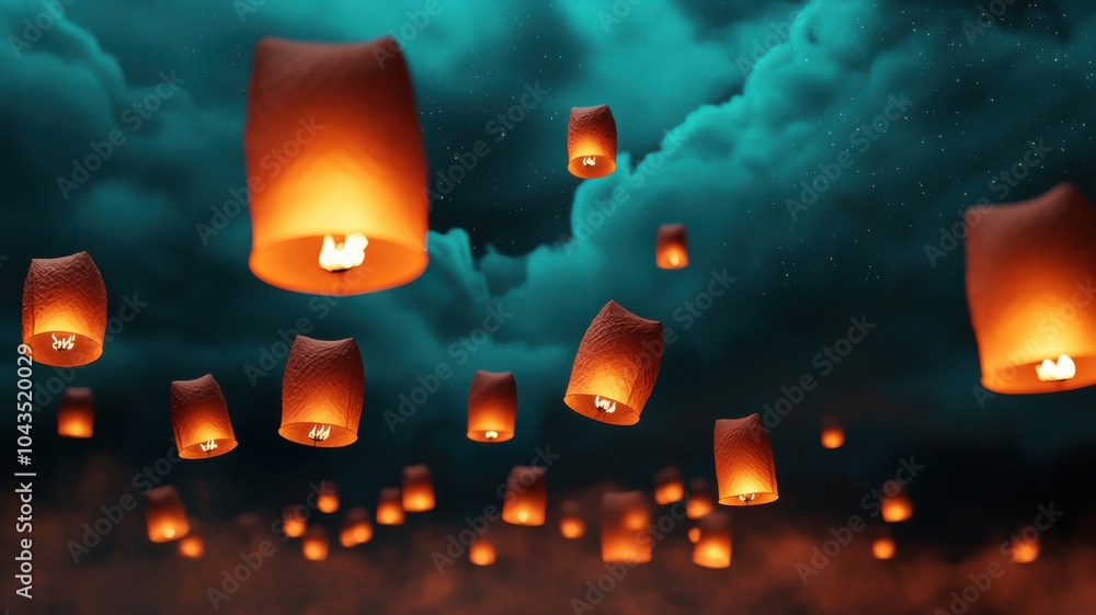 Poster ethereal scene with glowing lanterns floating against a dark sky, creating a serene and mystical atm