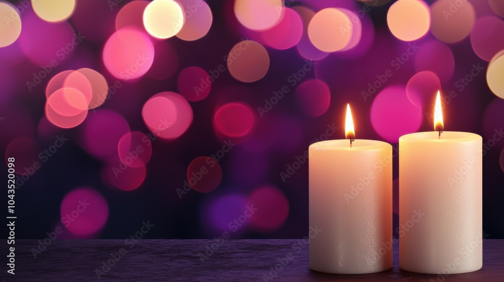 Poster two lit candles glow warmly against a backdrop of colorful bokeh lights, creating a serene and invit