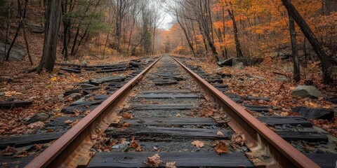 Naklejka premium Abandoned Railroad in the Woods. Old Steel Track Transportation Through Nature