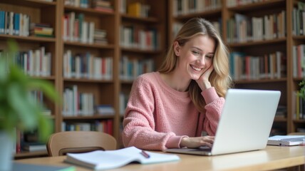 A woman in a pink sweater typing on her laptop.