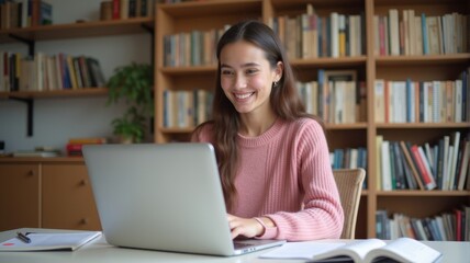 A woman using a laptop surrounded by books.