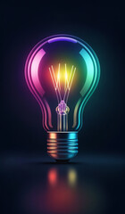 Rainbow holographic glowing lightbulb with copy space.