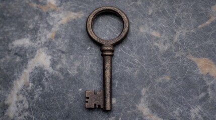 Vintage key on a textured stone surface, detailed design and rustic appearance.