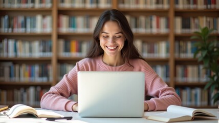 A smiling girl working remotely.