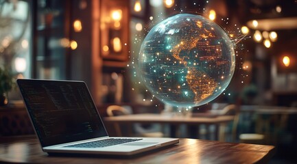 A glowing digital globe hovering over a laptop in a cozy workspace during a warm afternoon light
