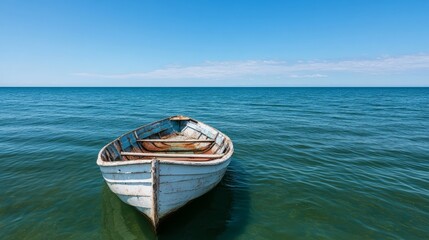 Old wooden boat floating serenely in clear blue water under a bright sky.