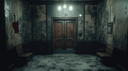 A close-up of a modern elevator with wooden walls and sleek metallic detailing, capturing the blend of warmth and industrial design.