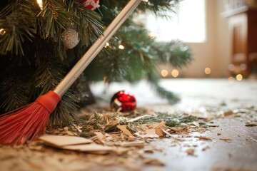 After Christmas Cleanup. Sweeping Up Pine Needles and Broken Decorations