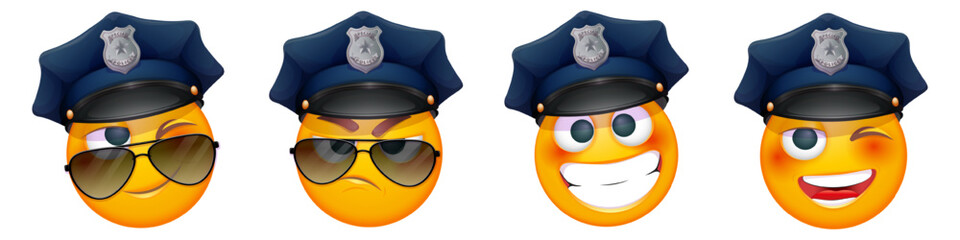 Set of police officer emoji on white background. Emoticon with police hat and sunglasses. Cute emoticon.