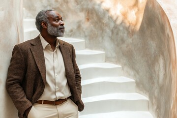 A mature man with grey hair and a beard stands by curved stairs, bathed in soft sunlight