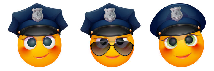 Set of female police officer emoji on white background. Emoticon with police hat and sunglasses. Cute emoticon.