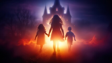Fototapeta premium Three children hold hands, silhouetted against a mysterious, glowing castle in the background, creating an eerie and enchanting atmosphere.