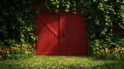 Red barn door surrounded by lush greenery and colorful flowers.