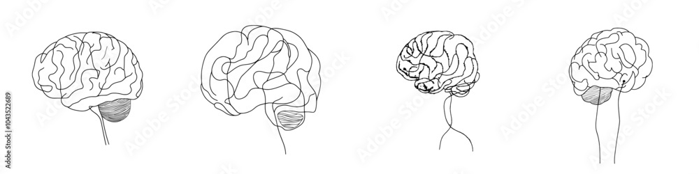 Aufkleber drawing of a human brain with gyri and sulci as a single line concept or icon for multiple uses