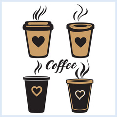 Coffee Cup Silhouette, Paper Coffee Cup Vector, Isolated Set of Black Coffee Cup Paper Container Icon illustration on White Background