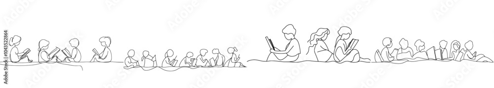 Poster a group of children reads and draws a continuous one-line picture in a book
