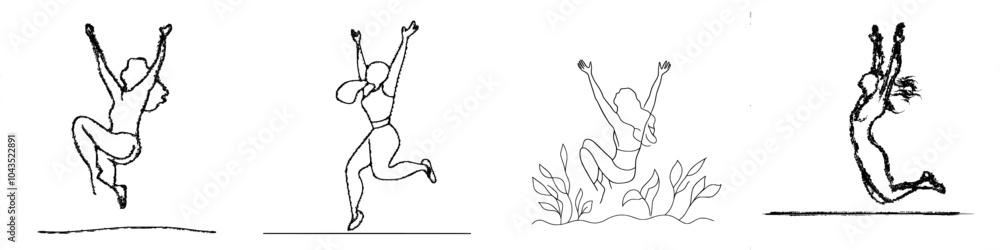 Poster the minimalist design of a girl jumping is drawn in continuous lines
