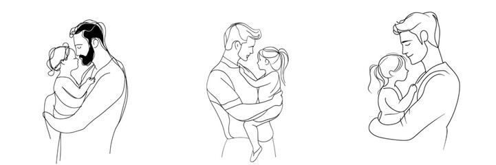 The father and his daughter are drawn in continuous line in a trendy, minimalist style