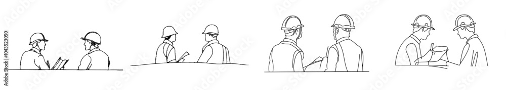 Poster a continuous line drawing of a construction worker wearing a helmet, standing in a meeting and discu