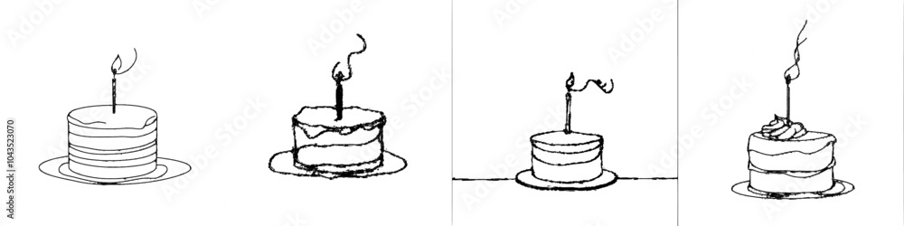 Poster a continuous line drawing of a birthday cake with a candle on a white background. it represents a jo