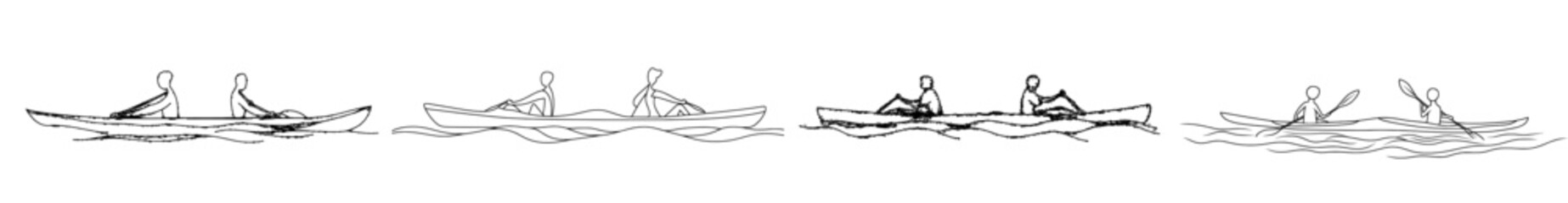 Fototapeta premium A man and woman kayak on beautiful lake waters in a continuous line drawing