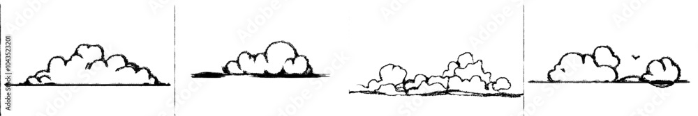 Fototapete Continually drawn clouds in a modern style with black linear design isolated on white.