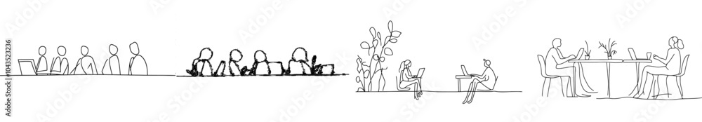 Fototapete line drawing of coworkers discussing work. one man explains a problem using a laptop. teamwork metap
