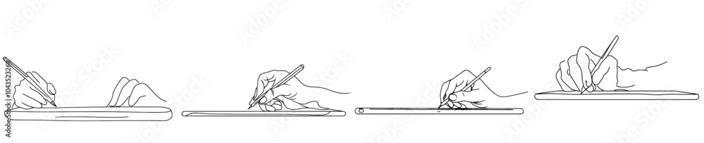 Fototapete illustration of a single continuous line drawing of hand gesture fast writing on paper at a clipboar