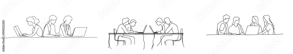 Aufkleber Illustration of work process with colorful line designs on white background. High quality composition of two business colleagues discussing a project at the computer.