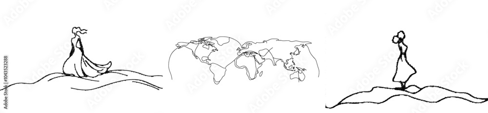 Poster modern illustration of a single-line world map. isolated on a white background, continuous single-li