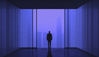 Fototapeta premium Silhouette of a businessman against a purple cityscape background.