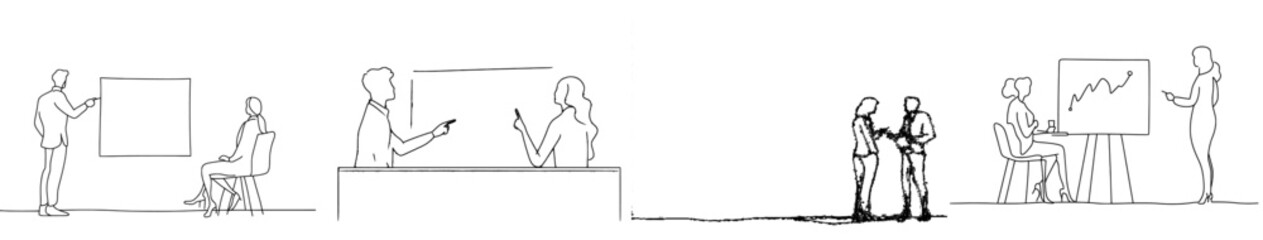 Fototapeta premium In a one-line draw graphic design modern illustration, the CEO of a startup is describing business process to his partner with an infographic on a flip chart. Startup work meeting illustration.