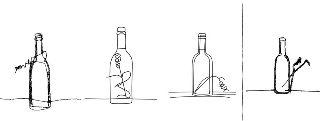 Modern illustration of a bottle of wine with corkscrew. Lineart sketch in black and white.