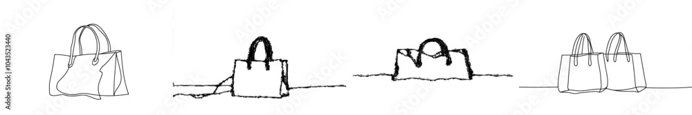 Fototapete Isolated on white background is a black linear sketch of a shopping bag created in continuous line art style.
