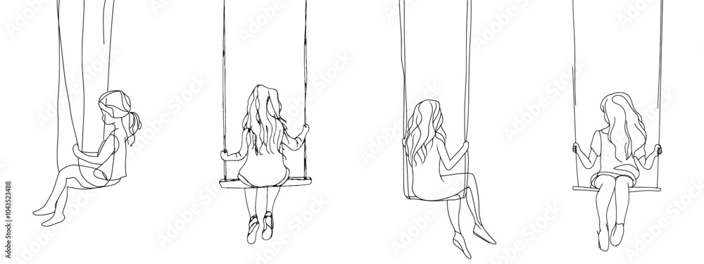 Poster a child swinging along with a continuous line art drawing style. isolated black linear illustration 