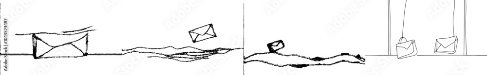 Fototapete An envelope with a continuous line of black and white monochrome art. Email message with illustration sketch outline drawing.