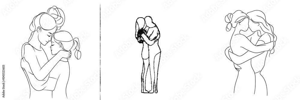 Poster Mother and daughter hugging in continuous line art drawing style. Black and white linear sketch isolated on white background. Modern illustration.