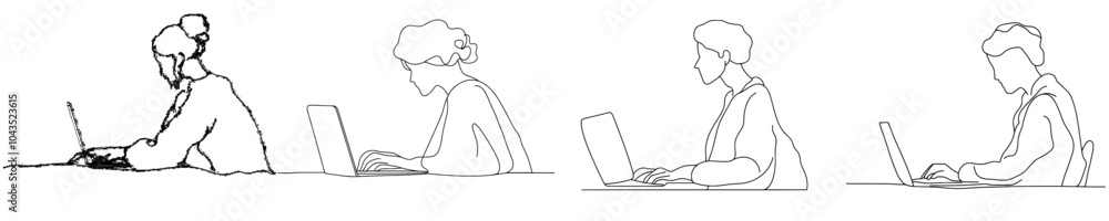 Aufkleber in this one line drawing, a man is working at a table with a laptop. the design is a trendy one line