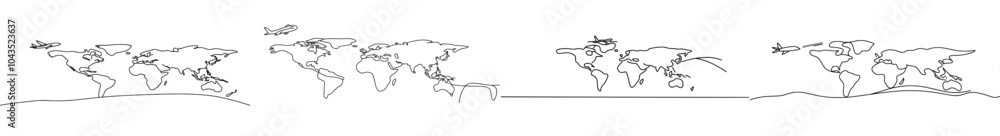 Aufkleber Airplane silhouette with single line path shaped world map behind it. Isolated on white background. Travel concept. Modern minimal illustration.