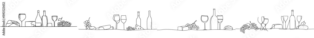 Poster modern background with horizontal seamless pattern of bottles, glasses, olives, fruits and cheese on