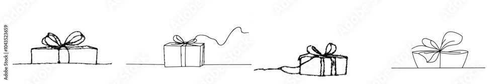 Poster the single one line drawing shows an open white gift box with ribbons and bows. greeting present pac
