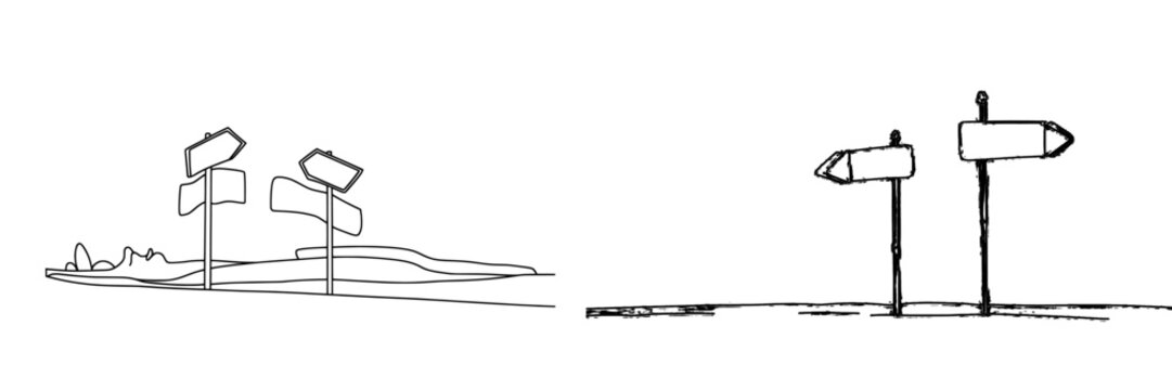 Drawing style fingerpost in continuous line. Signpost pointing in the direction of traveling to places on white background. Modern illustration.