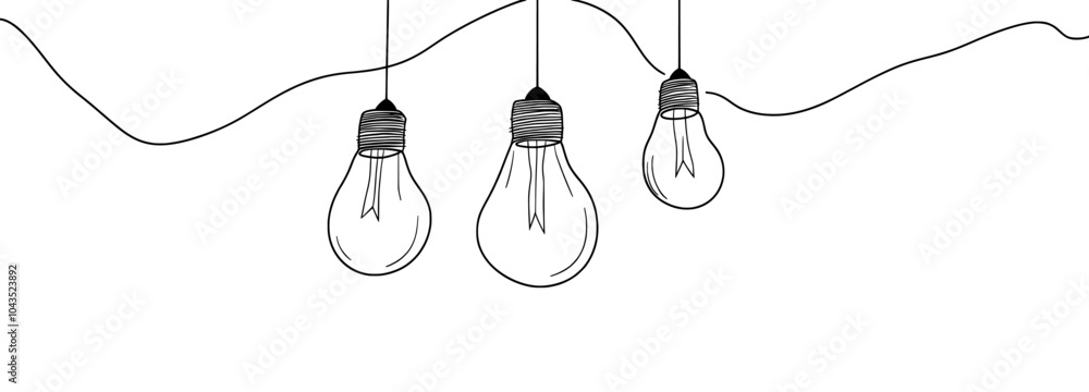 Poster Lamp silhouette yellow transition background. Continuous line light bulbs with light. Creative night sky background. Handdrawn electric bulbs. Melting lines pattern. Vector.