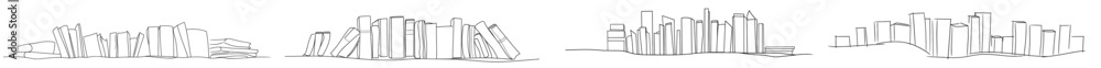 Aufkleber There are several stacks of books in this one line drawing, and it is continuously drawn with lines of book, reading, knowledge, read, learn, and reading a page.