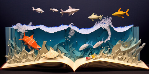 Seabed, ocean, origami, paper art, pop up book, whale, shark, sea, boat, ship, dolphin, fish, starfish, swordfish, starfish.