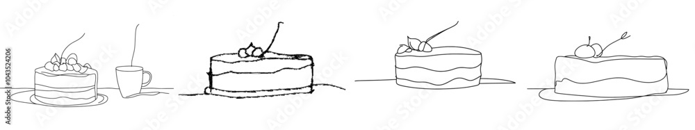 Fototapete the image consists of a continuous line drawing of a piece of cake. the background is white and the 