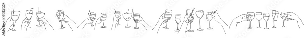 Aufkleber a continuous one-line cheering hand. hands raising multiple glasses with liquor drinks. modern illus