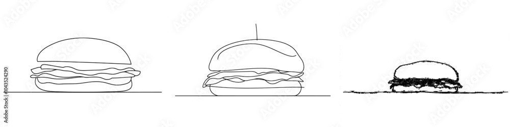 Wall mural Continually drawn line drawing of a hamburger. Illustration with black lines on white background.