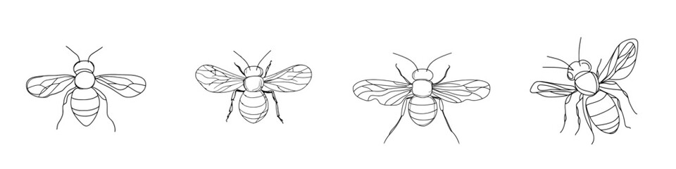 Obraz premium In a continuous one-line drawing of a flying bee, the logo appears in black and white. This illustration can be used for logos, cards, banners, posters, and flyers.
