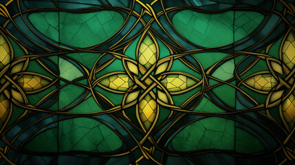 Intricate Floral Stained Glass with Green and Gold Highlights